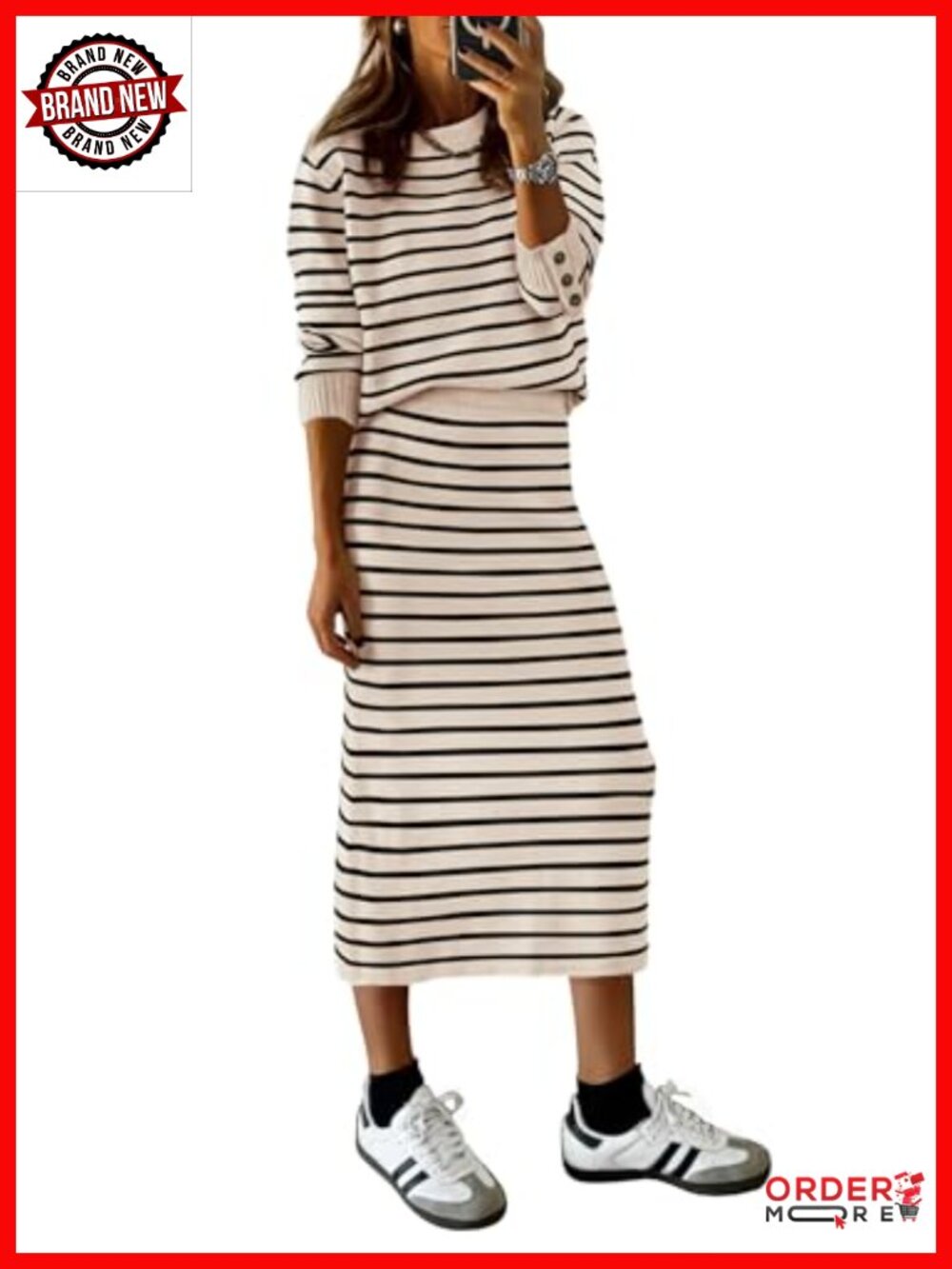 Women's 2 Piece Striped Sweater Skirt Set Long Sleeve Knitted Matching Outfit